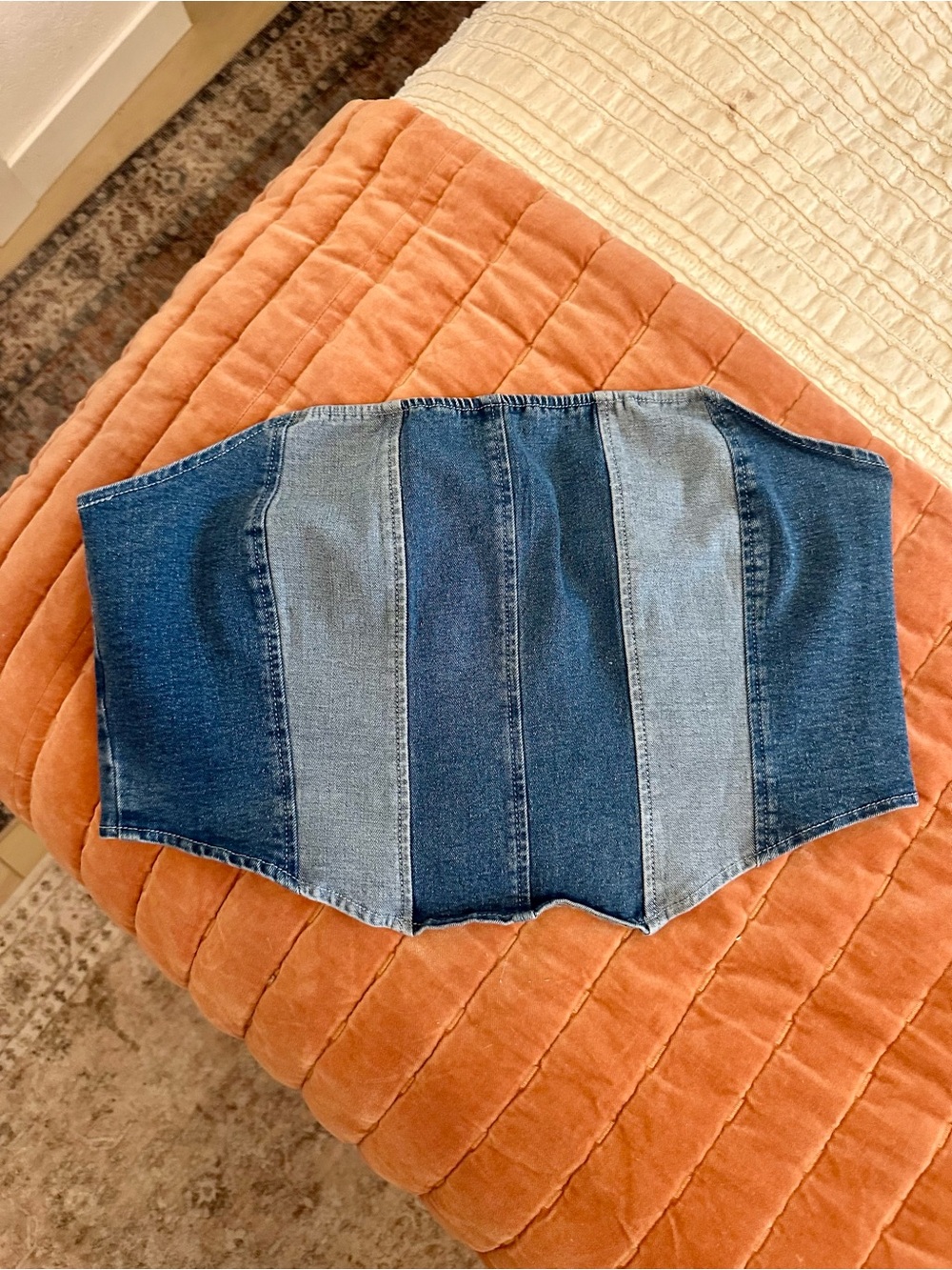 Fashion Nova Blue Patchwork Denim Corset Crop Top